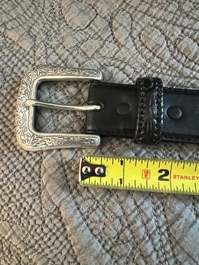 Resistol Vintage Western Black Leather Tooled Woven Silver Buckle Belt 36”